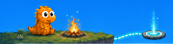 Play for Pay dinosaur resting beside a quest campfire