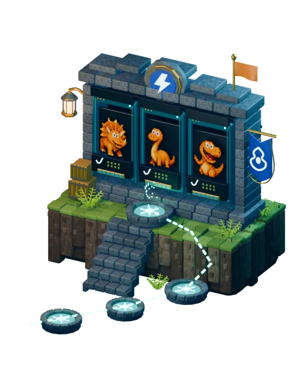 Animated 3D campaign machine with three shuffling dinosaur reels, an orange flag, and a tracked route