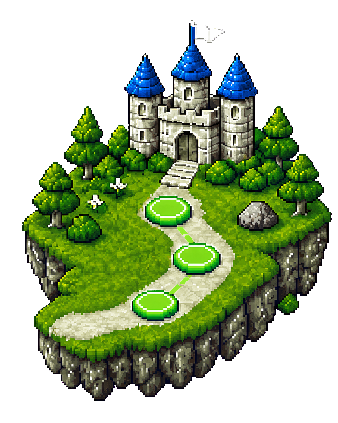 Pixel-art quest path leading toward a castle